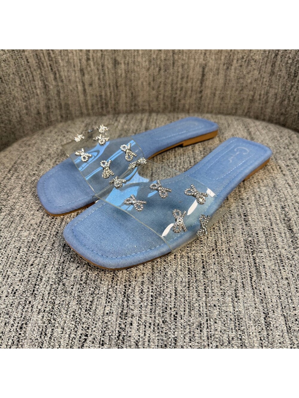 Comfort Blue Denim Clear Rhinestone Bow Strap Slide Sandals Womens 8